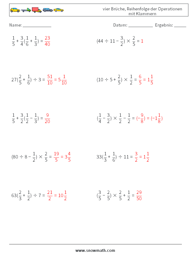 (10) vier Brüche, Reihenfolge der Operationen mit Klammern Mathe-Arbeitsblätter 10 Frage, Antwort