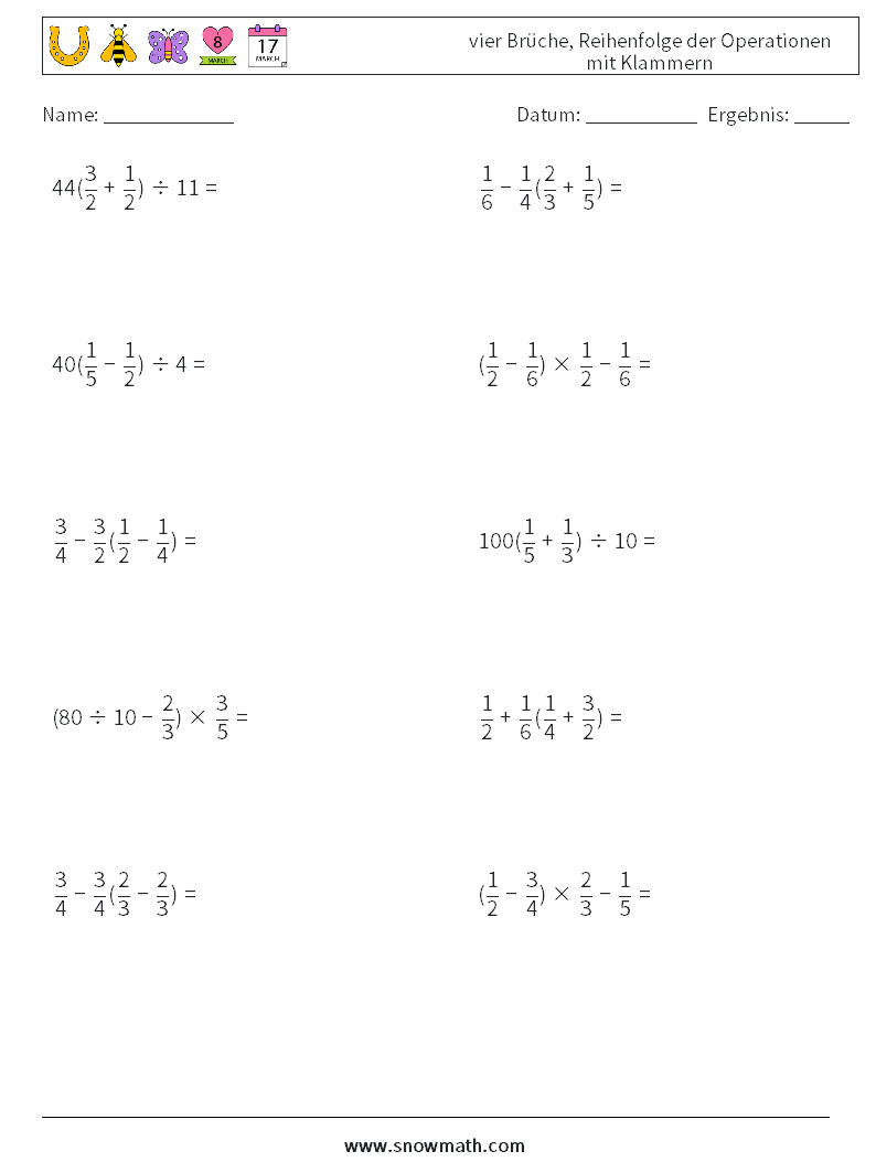 (10) vier Brüche, Reihenfolge der Operationen mit Klammern Mathe-Arbeitsblätter 11