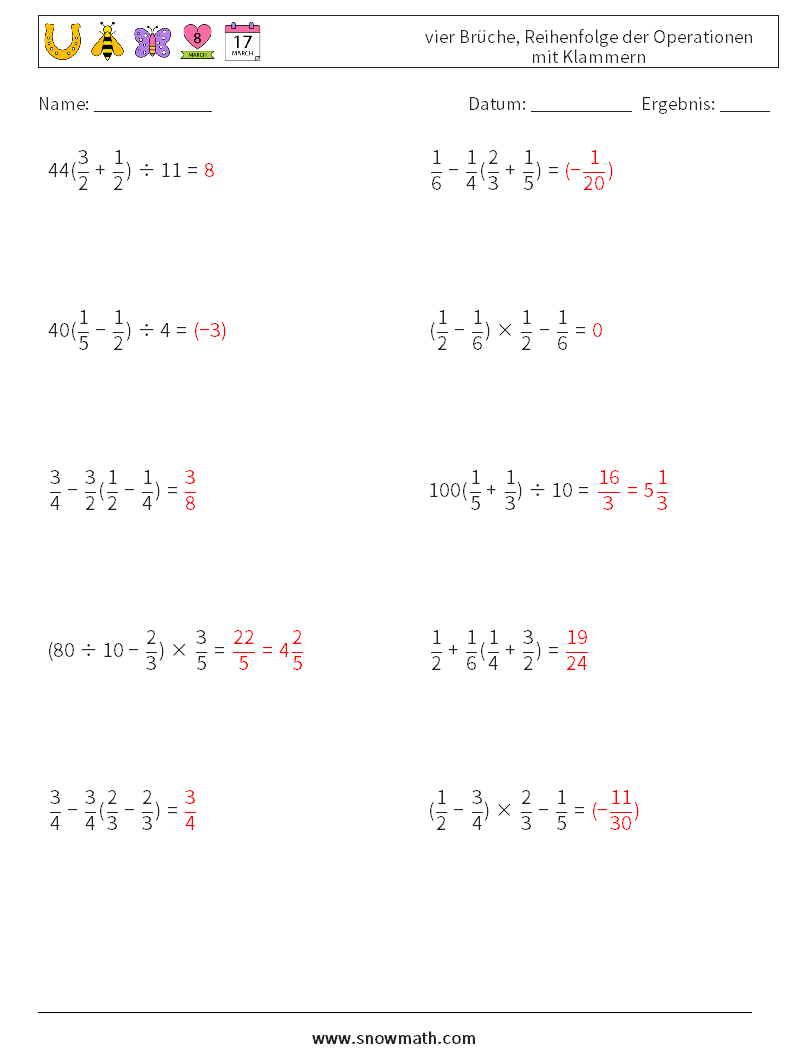 (10) vier Brüche, Reihenfolge der Operationen mit Klammern Mathe-Arbeitsblätter 11 Frage, Antwort