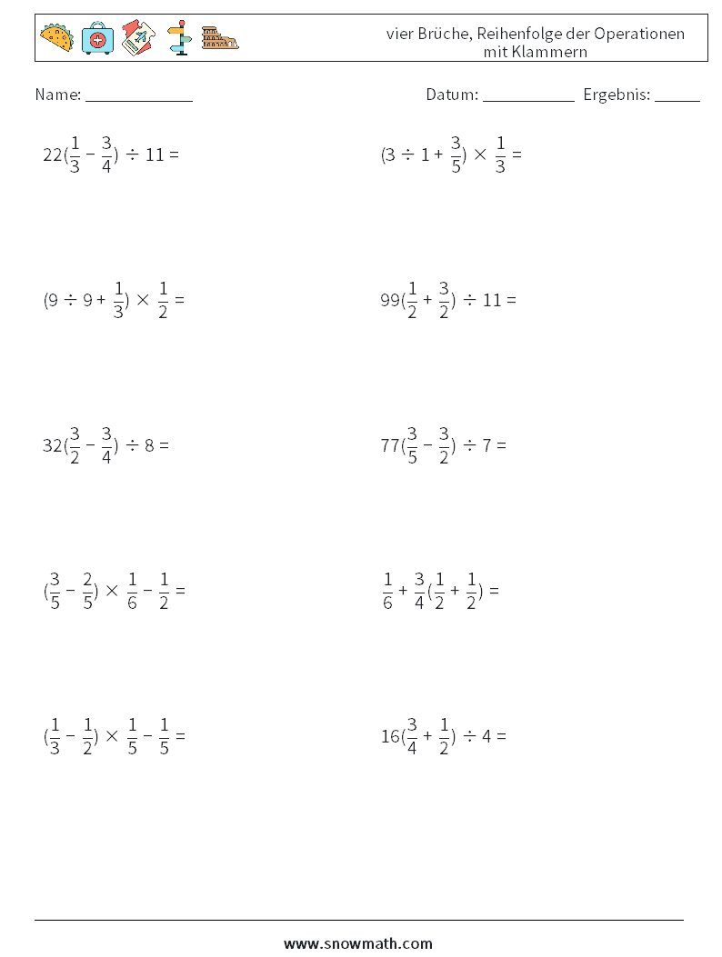 (10) vier Brüche, Reihenfolge der Operationen mit Klammern Mathe-Arbeitsblätter 12