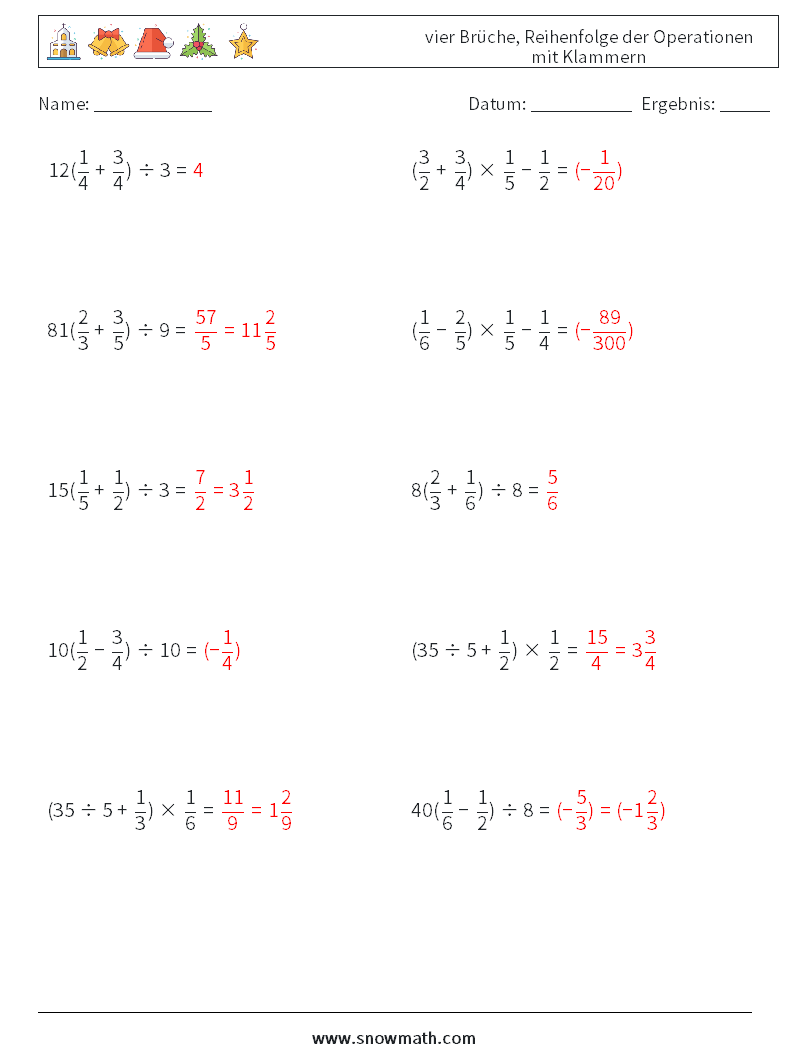 (10) vier Brüche, Reihenfolge der Operationen mit Klammern Mathe-Arbeitsblätter 13 Frage, Antwort