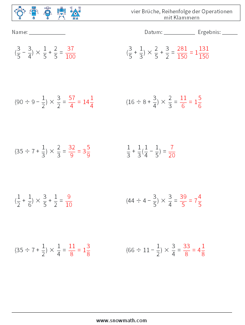 (10) vier Brüche, Reihenfolge der Operationen mit Klammern Mathe-Arbeitsblätter 14 Frage, Antwort