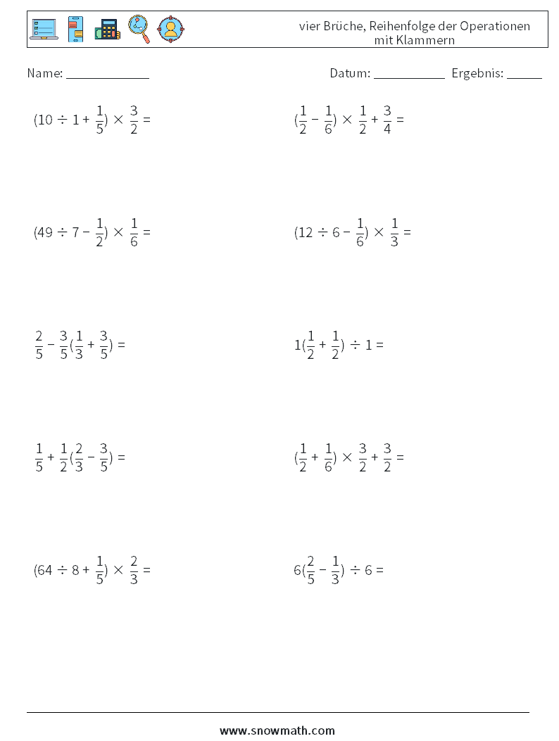 (10) vier Brüche, Reihenfolge der Operationen mit Klammern Mathe-Arbeitsblätter 15
