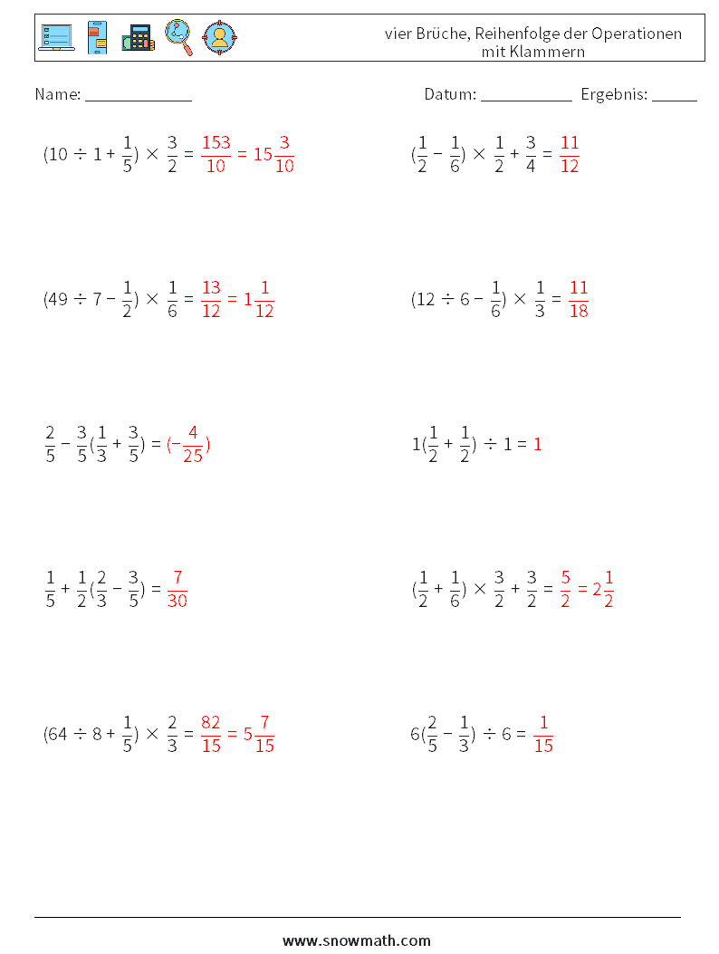 (10) vier Brüche, Reihenfolge der Operationen mit Klammern Mathe-Arbeitsblätter 15 Frage, Antwort