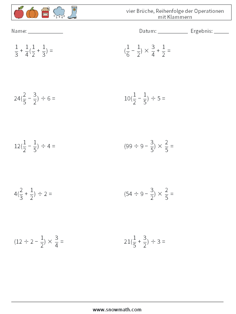 (10) vier Brüche, Reihenfolge der Operationen mit Klammern Mathe-Arbeitsblätter 17