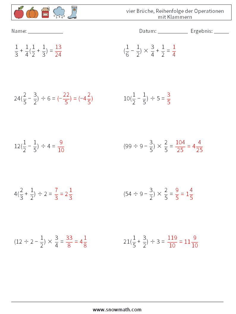 (10) vier Brüche, Reihenfolge der Operationen mit Klammern Mathe-Arbeitsblätter 17 Frage, Antwort