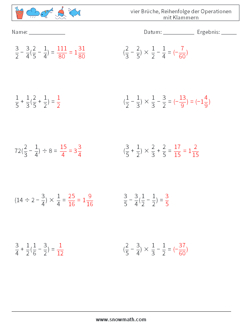 (10) vier Brüche, Reihenfolge der Operationen mit Klammern Mathe-Arbeitsblätter 18 Frage, Antwort