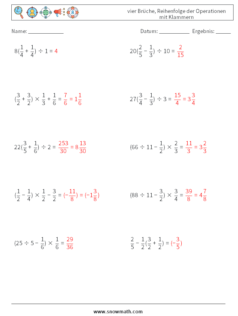 (10) vier Brüche, Reihenfolge der Operationen mit Klammern Mathe-Arbeitsblätter 1 Frage, Antwort