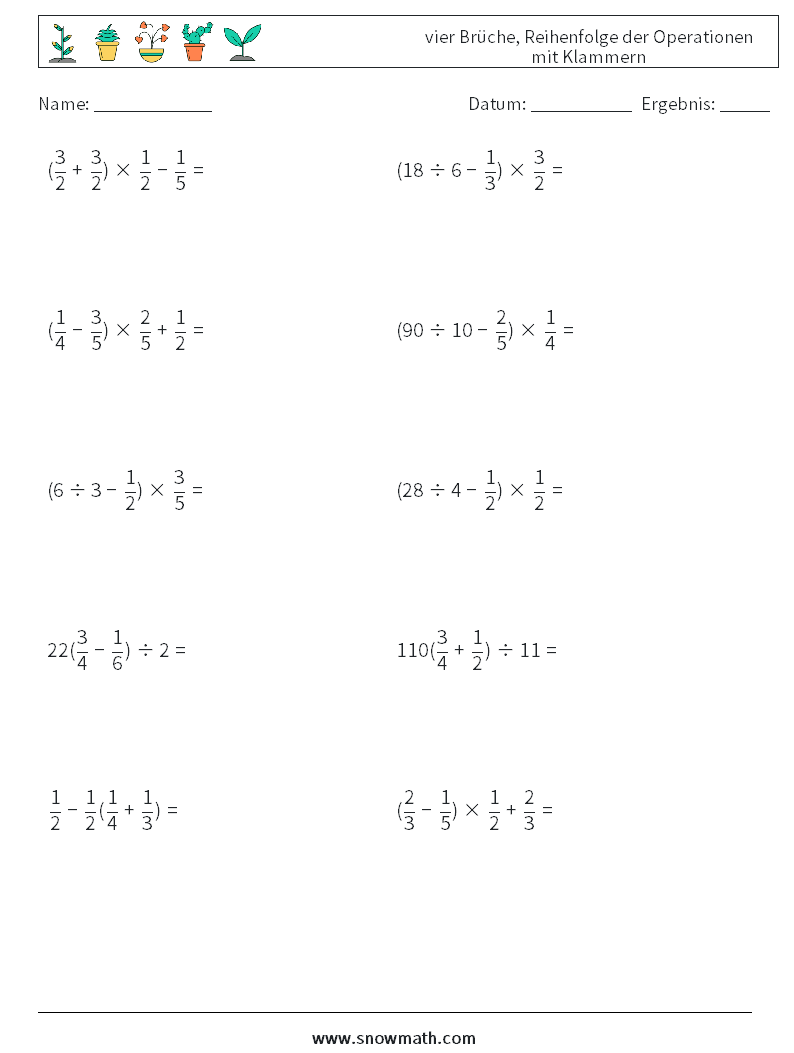 (10) vier Brüche, Reihenfolge der Operationen mit Klammern Mathe-Arbeitsblätter 2