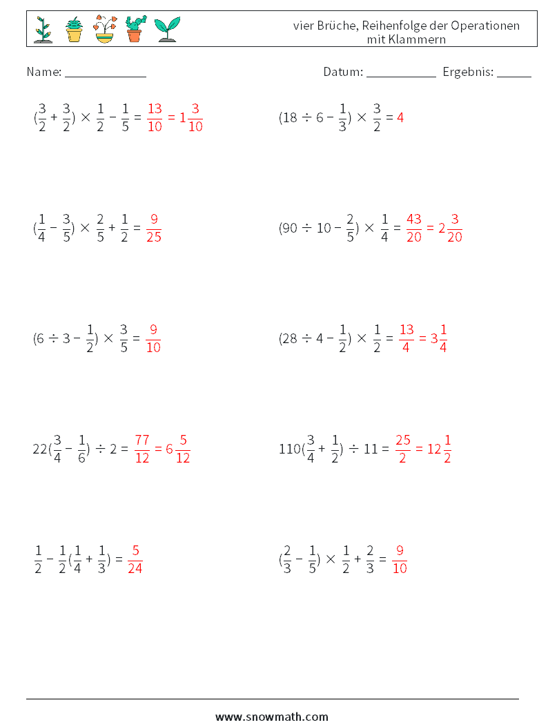 (10) vier Brüche, Reihenfolge der Operationen mit Klammern Mathe-Arbeitsblätter 2 Frage, Antwort