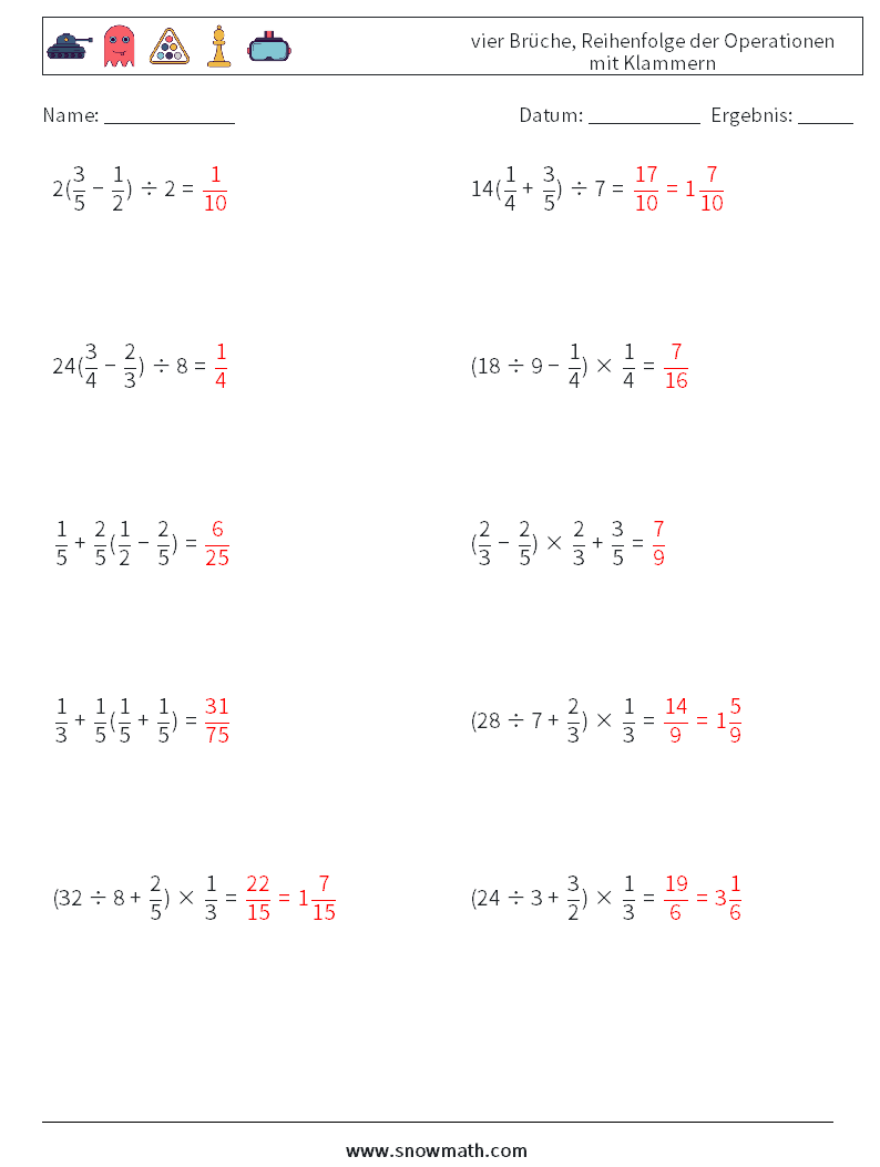 (10) vier Brüche, Reihenfolge der Operationen mit Klammern Mathe-Arbeitsblätter 3 Frage, Antwort