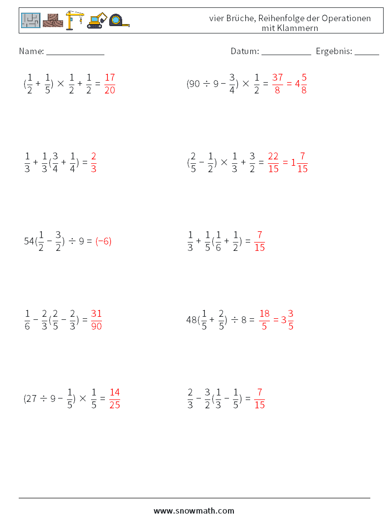 (10) vier Brüche, Reihenfolge der Operationen mit Klammern Mathe-Arbeitsblätter 4 Frage, Antwort