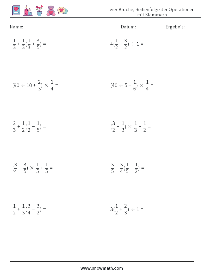 (10) vier Brüche, Reihenfolge der Operationen mit Klammern Mathe-Arbeitsblätter 5