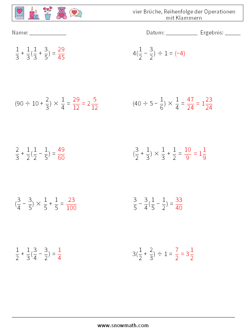 (10) vier Brüche, Reihenfolge der Operationen mit Klammern Mathe-Arbeitsblätter 5 Frage, Antwort