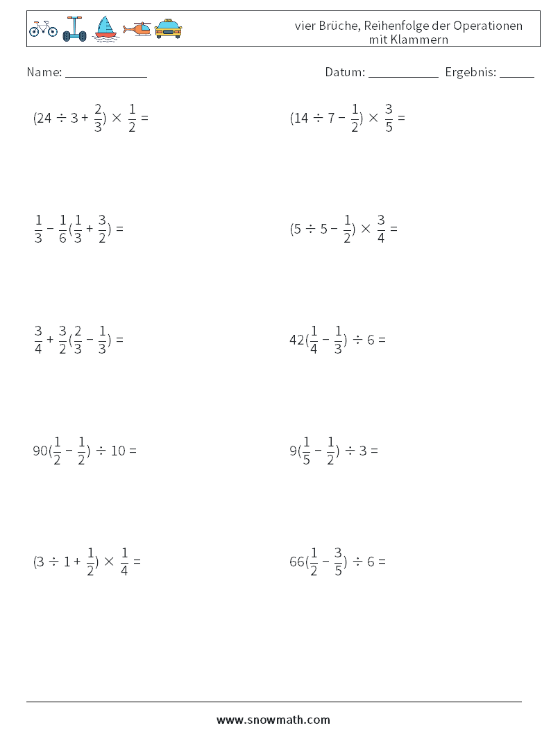 (10) vier Brüche, Reihenfolge der Operationen mit Klammern Mathe-Arbeitsblätter 6
