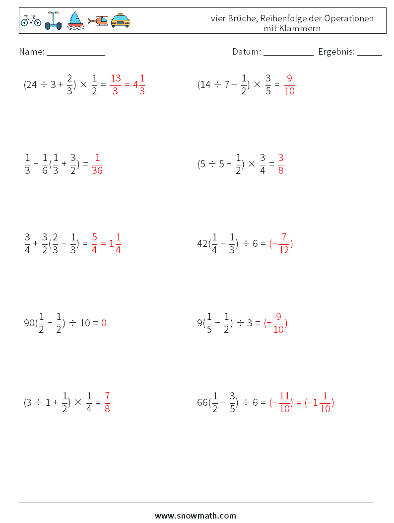 (10) vier Brüche, Reihenfolge der Operationen mit Klammern Mathe-Arbeitsblätter 6 Frage, Antwort