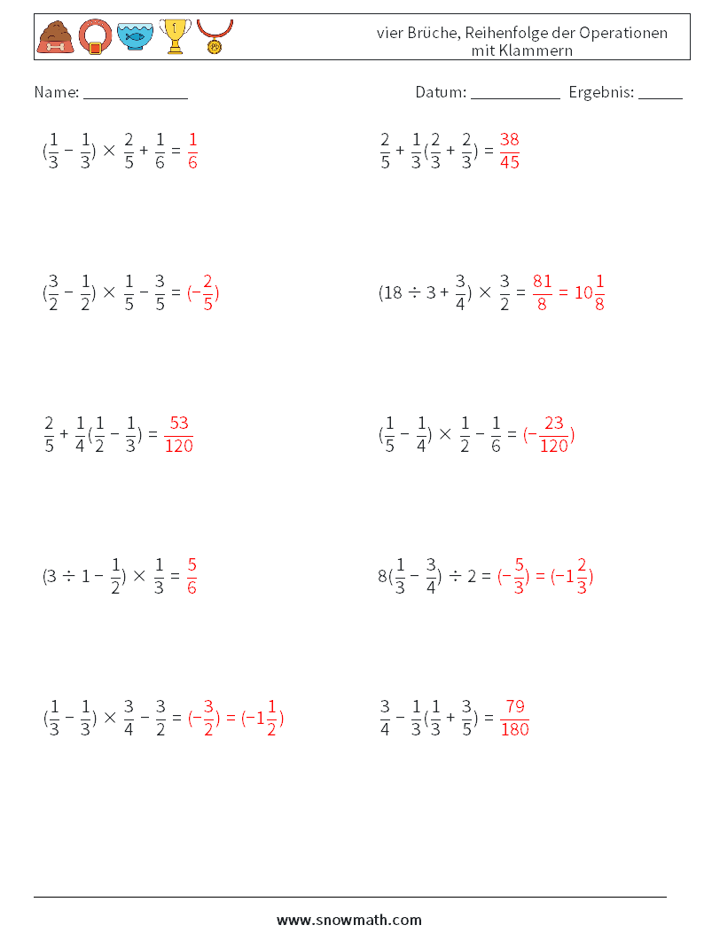 (10) vier Brüche, Reihenfolge der Operationen mit Klammern Mathe-Arbeitsblätter 7 Frage, Antwort