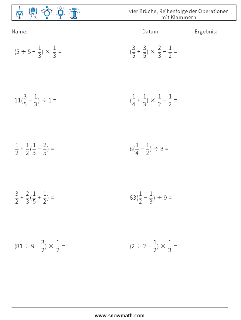 (10) vier Brüche, Reihenfolge der Operationen mit Klammern Mathe-Arbeitsblätter 8