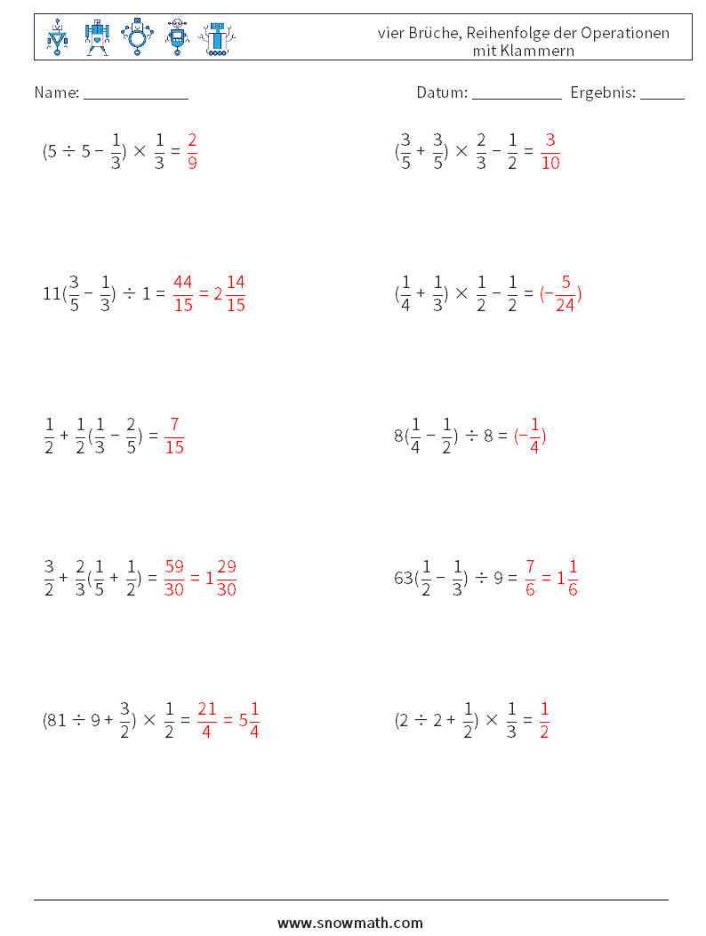 (10) vier Brüche, Reihenfolge der Operationen mit Klammern Mathe-Arbeitsblätter 8 Frage, Antwort