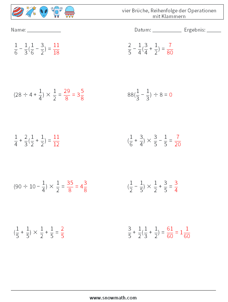 (10) vier Brüche, Reihenfolge der Operationen mit Klammern Mathe-Arbeitsblätter 9 Frage, Antwort