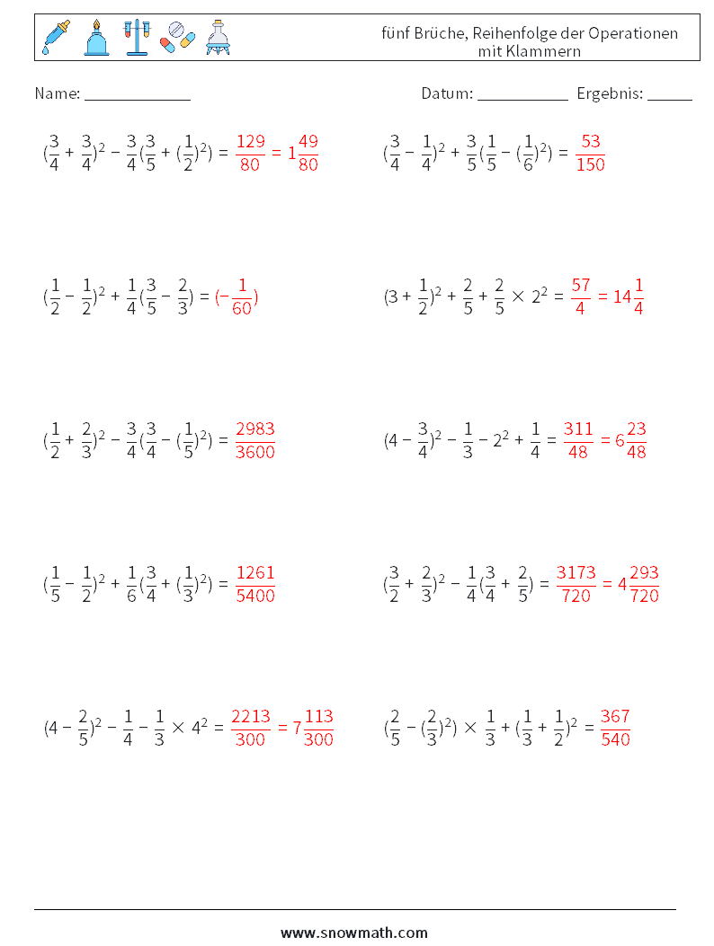 (10) fünf Brüche, Reihenfolge der Operationen mit Klammern Mathe-Arbeitsblätter 10 Frage, Antwort