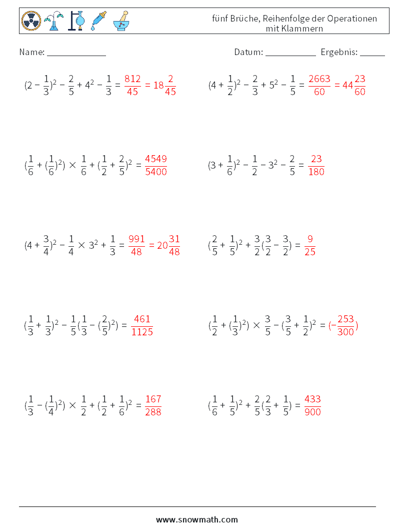 (10) fünf Brüche, Reihenfolge der Operationen mit Klammern Mathe-Arbeitsblätter 11 Frage, Antwort