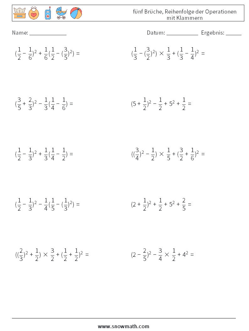 (10) fünf Brüche, Reihenfolge der Operationen mit Klammern Mathe-Arbeitsblätter 12