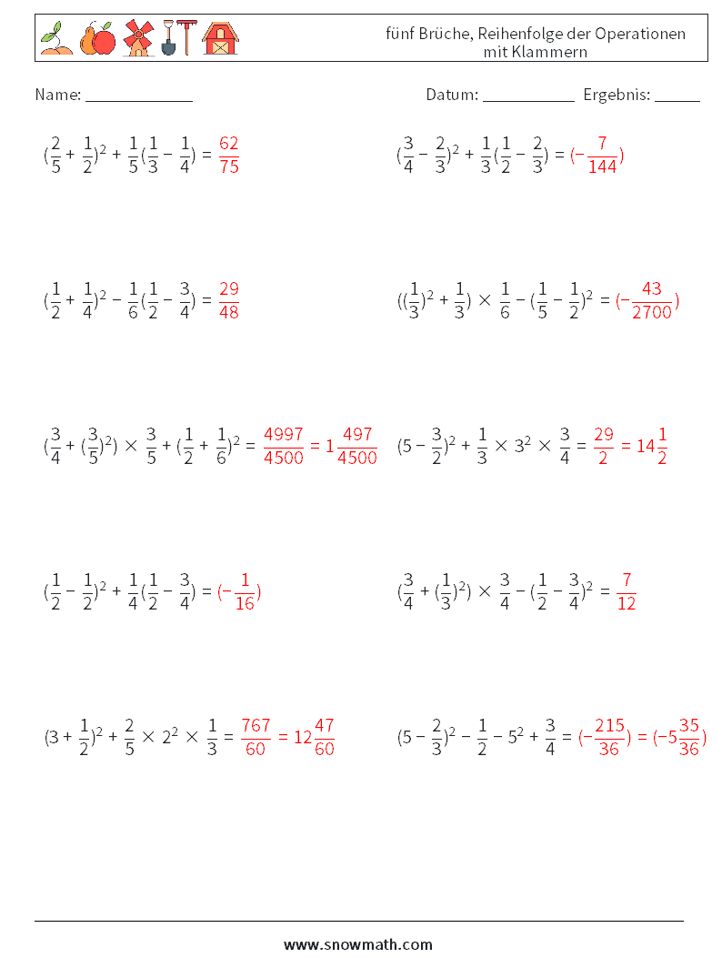 (10) fünf Brüche, Reihenfolge der Operationen mit Klammern Mathe-Arbeitsblätter 13 Frage, Antwort