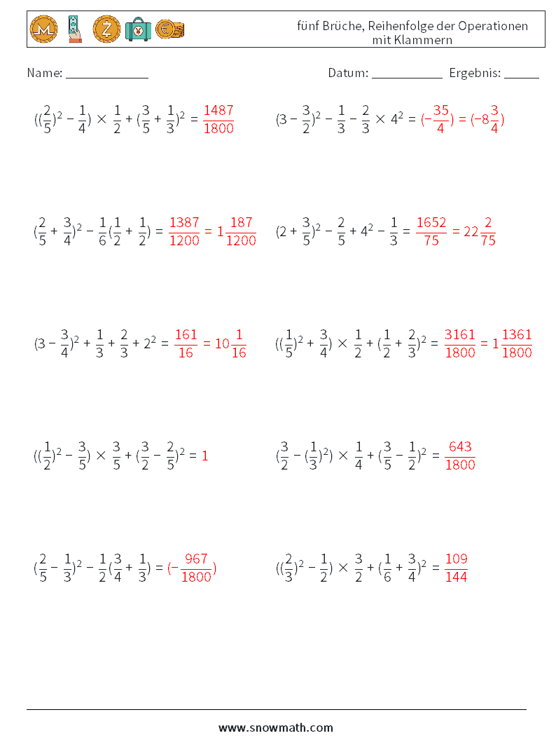 (10) fünf Brüche, Reihenfolge der Operationen mit Klammern Mathe-Arbeitsblätter 14 Frage, Antwort