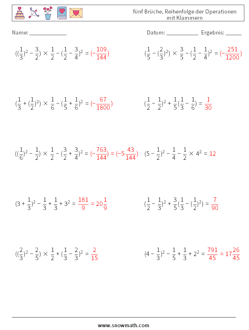 (10) fünf Brüche, Reihenfolge der Operationen mit Klammern Mathe-Arbeitsblätter 16 Frage, Antwort