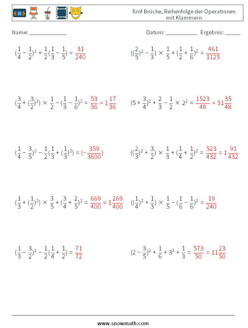 (10) fünf Brüche, Reihenfolge der Operationen mit Klammern Mathe-Arbeitsblätter 1 Frage, Antwort