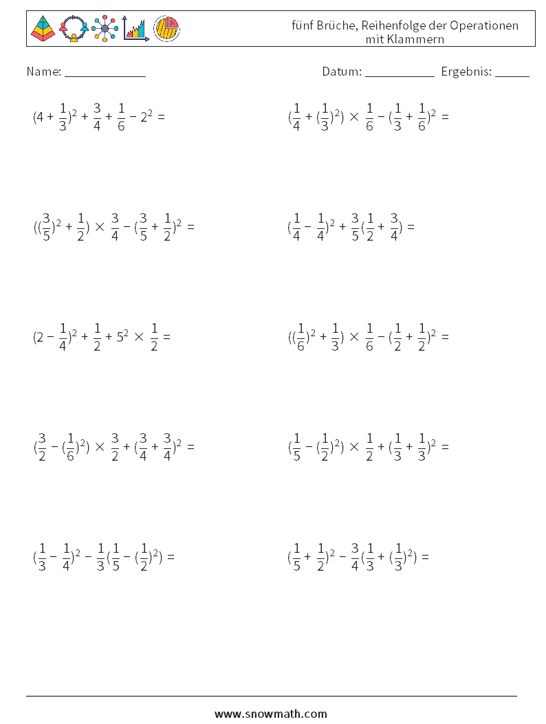 (10) fünf Brüche, Reihenfolge der Operationen mit Klammern Mathe-Arbeitsblätter 2