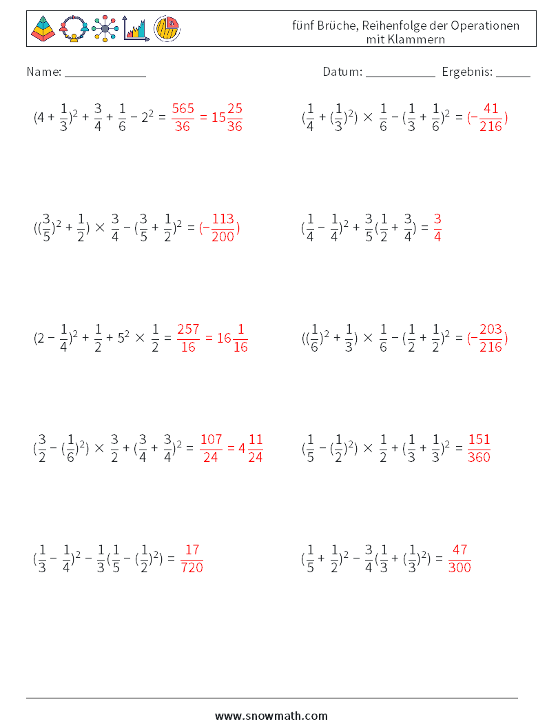 (10) fünf Brüche, Reihenfolge der Operationen mit Klammern Mathe-Arbeitsblätter 2 Frage, Antwort