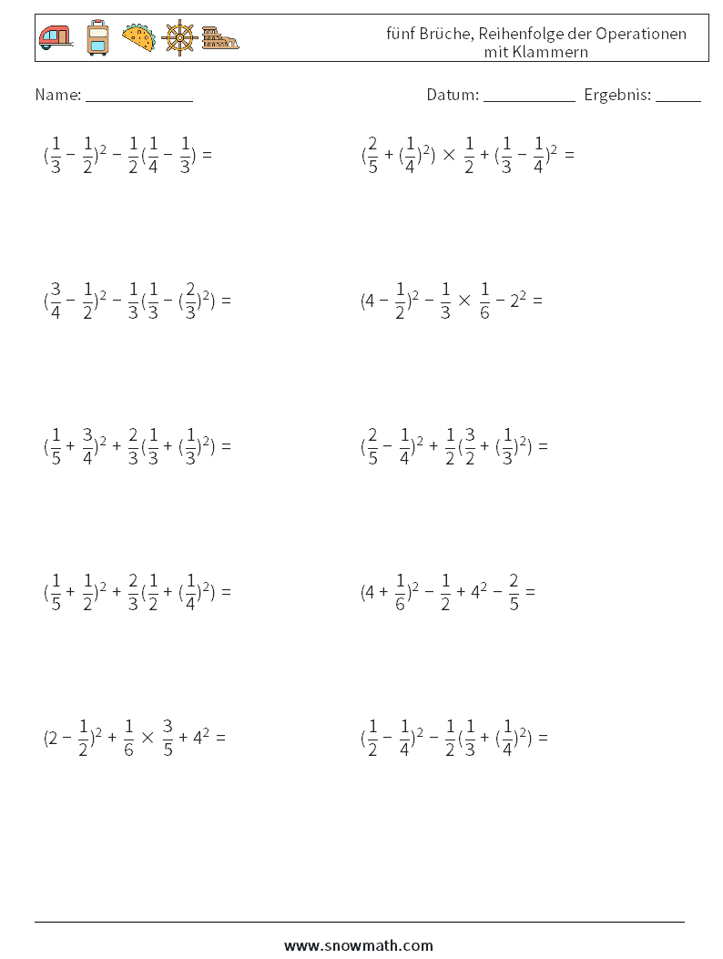 (10) fünf Brüche, Reihenfolge der Operationen mit Klammern Mathe-Arbeitsblätter 3