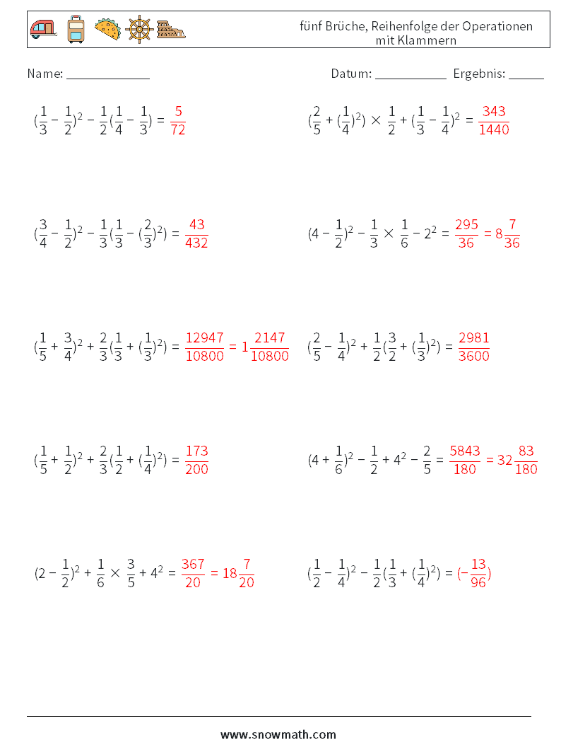 (10) fünf Brüche, Reihenfolge der Operationen mit Klammern Mathe-Arbeitsblätter 3 Frage, Antwort