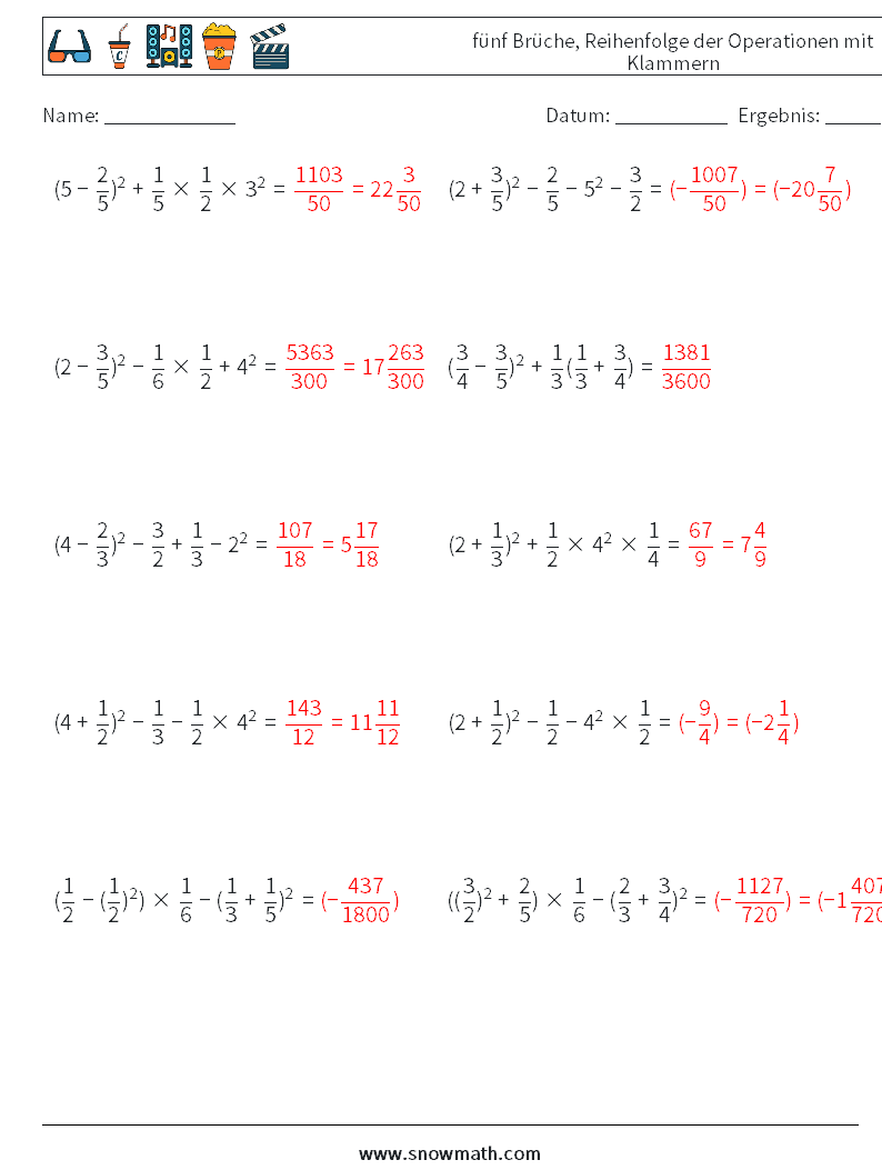 (10) fünf Brüche, Reihenfolge der Operationen mit Klammern Mathe-Arbeitsblätter 4 Frage, Antwort