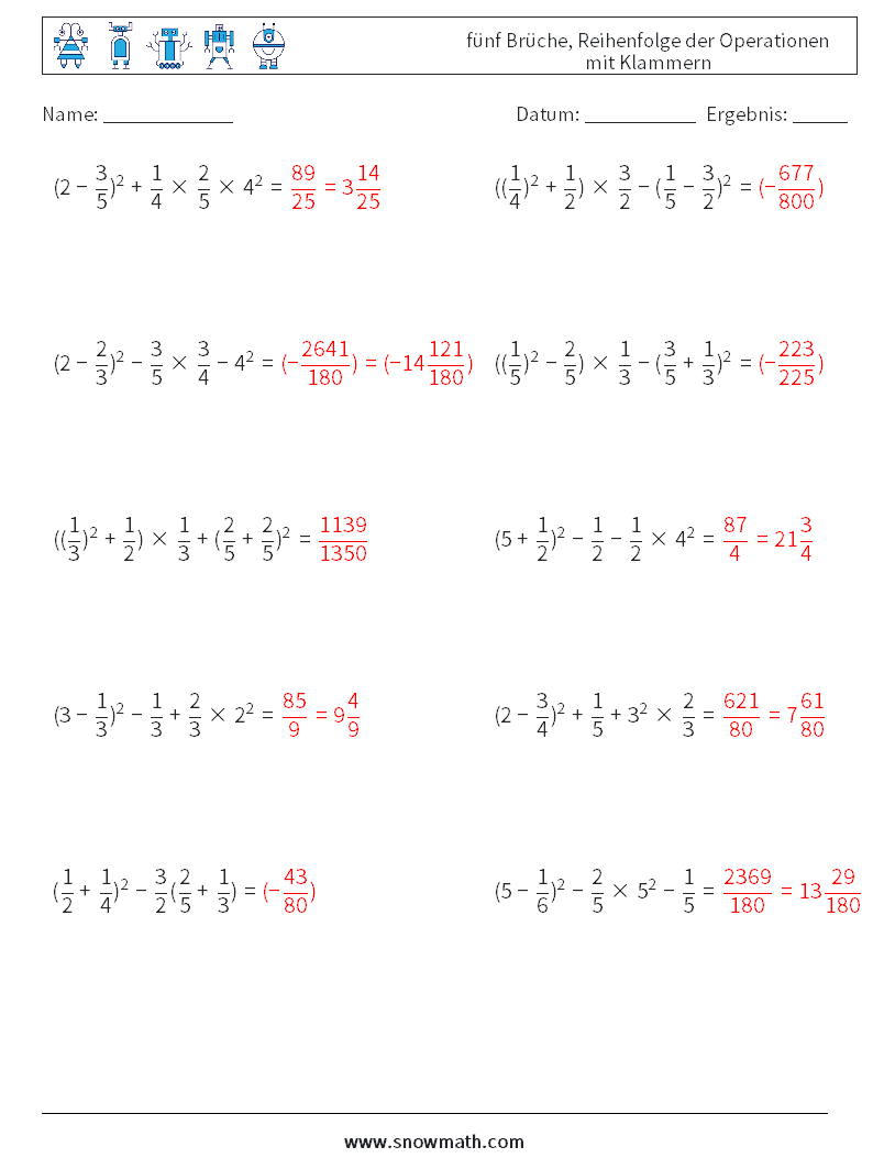 (10) fünf Brüche, Reihenfolge der Operationen mit Klammern Mathe-Arbeitsblätter 5 Frage, Antwort