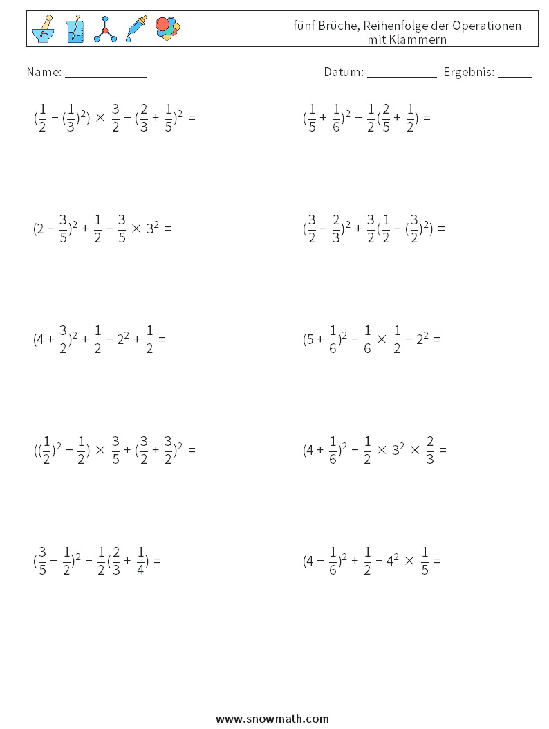 (10) fünf Brüche, Reihenfolge der Operationen mit Klammern Mathe-Arbeitsblätter 6