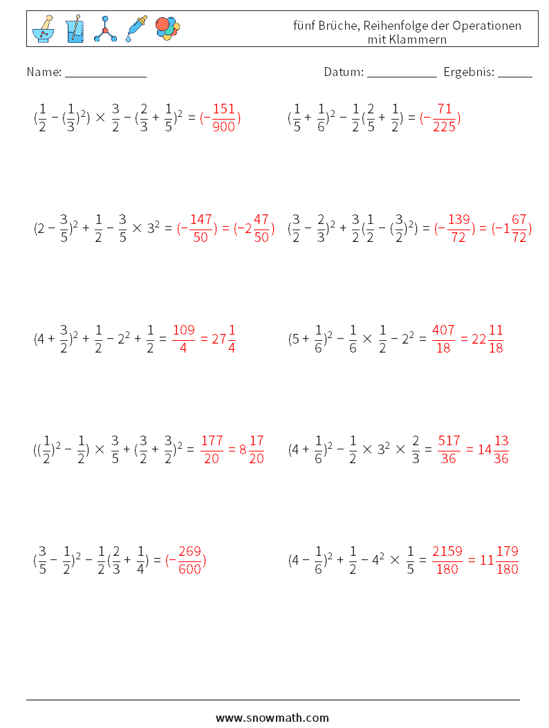 (10) fünf Brüche, Reihenfolge der Operationen mit Klammern Mathe-Arbeitsblätter 6 Frage, Antwort