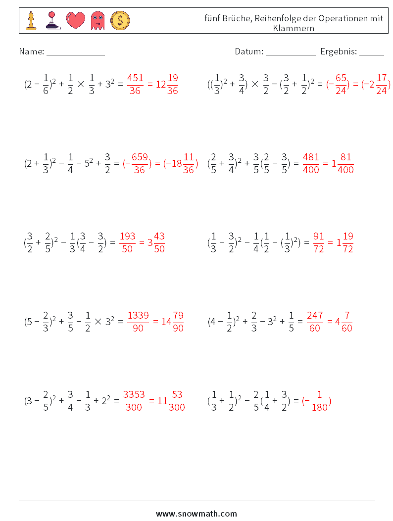 (10) fünf Brüche, Reihenfolge der Operationen mit Klammern Mathe-Arbeitsblätter 7 Frage, Antwort