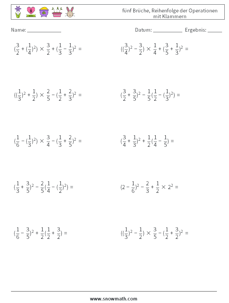 (10) fünf Brüche, Reihenfolge der Operationen mit Klammern Mathe-Arbeitsblätter 8