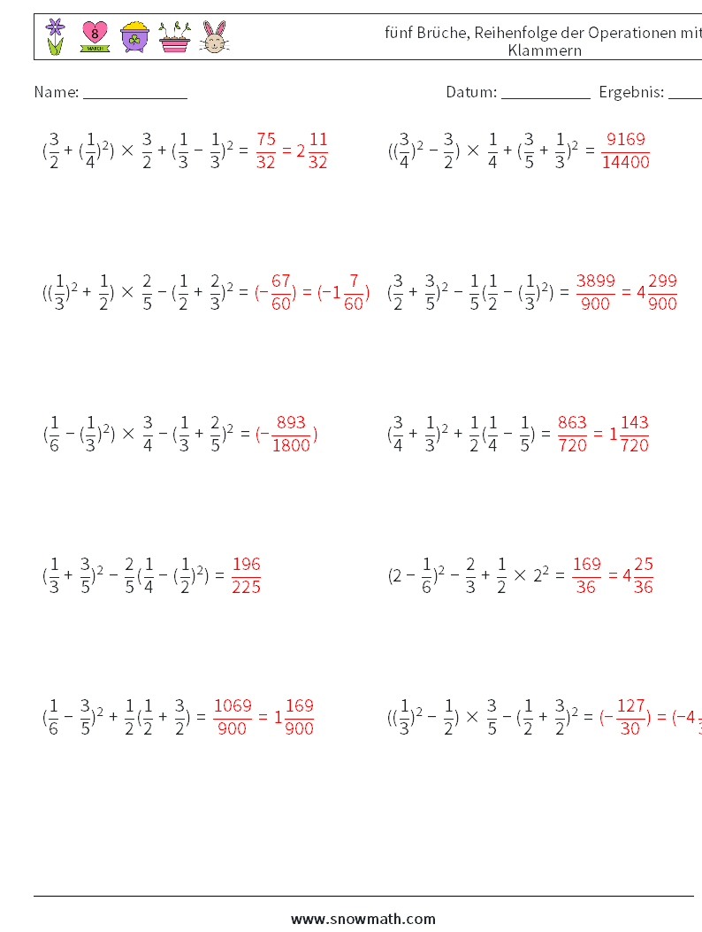 (10) fünf Brüche, Reihenfolge der Operationen mit Klammern Mathe-Arbeitsblätter 8 Frage, Antwort