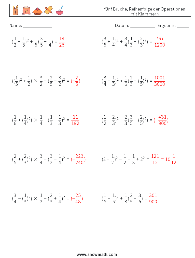 (10) fünf Brüche, Reihenfolge der Operationen mit Klammern Mathe-Arbeitsblätter 9 Frage, Antwort