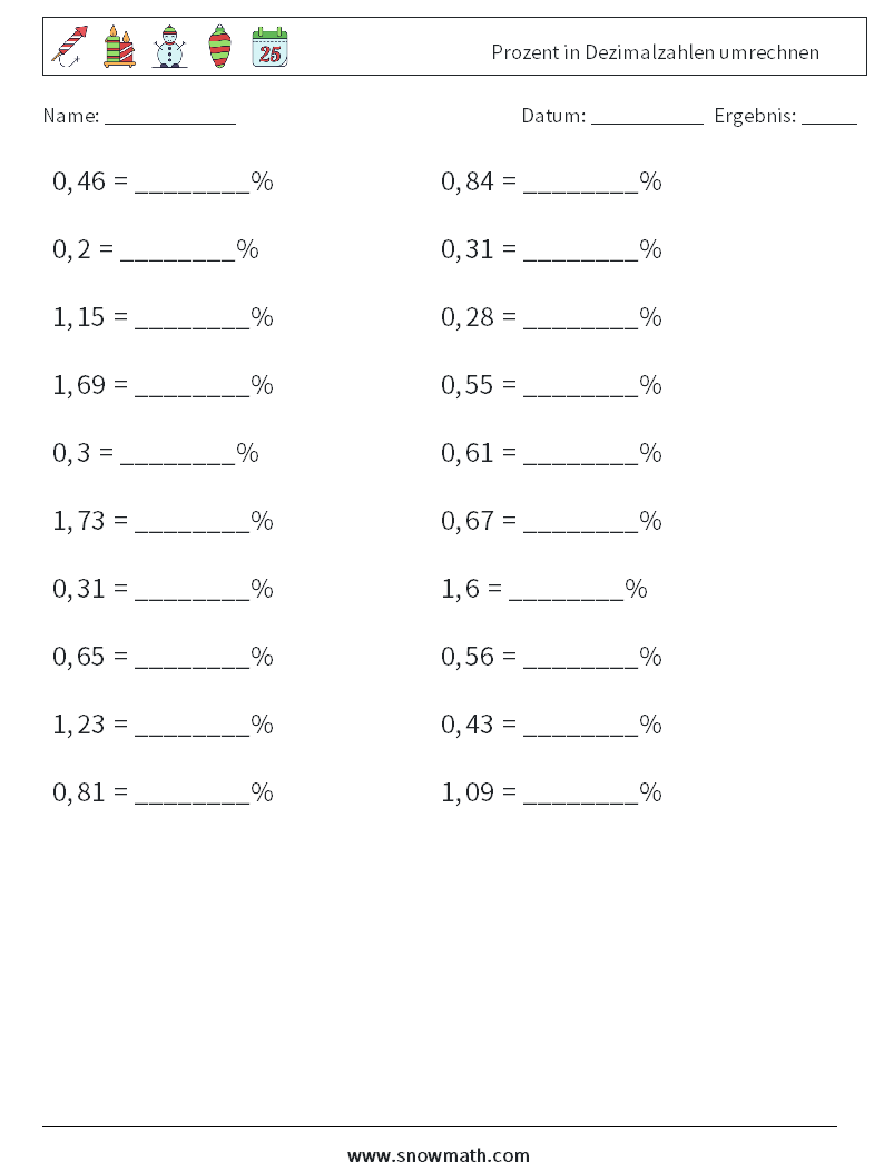 Prozent in Dezimalzahlen umrechnen Mathe-Arbeitsblätter 1