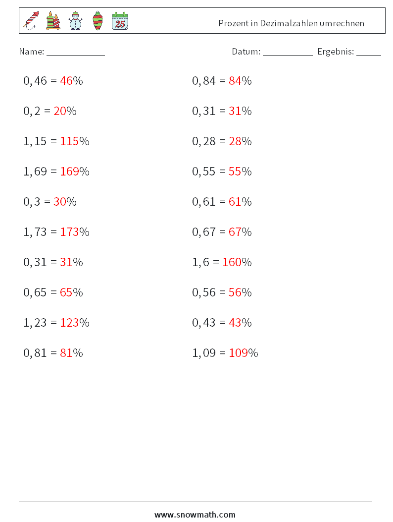 Prozent in Dezimalzahlen umrechnen Mathe-Arbeitsblätter 1 Frage, Antwort