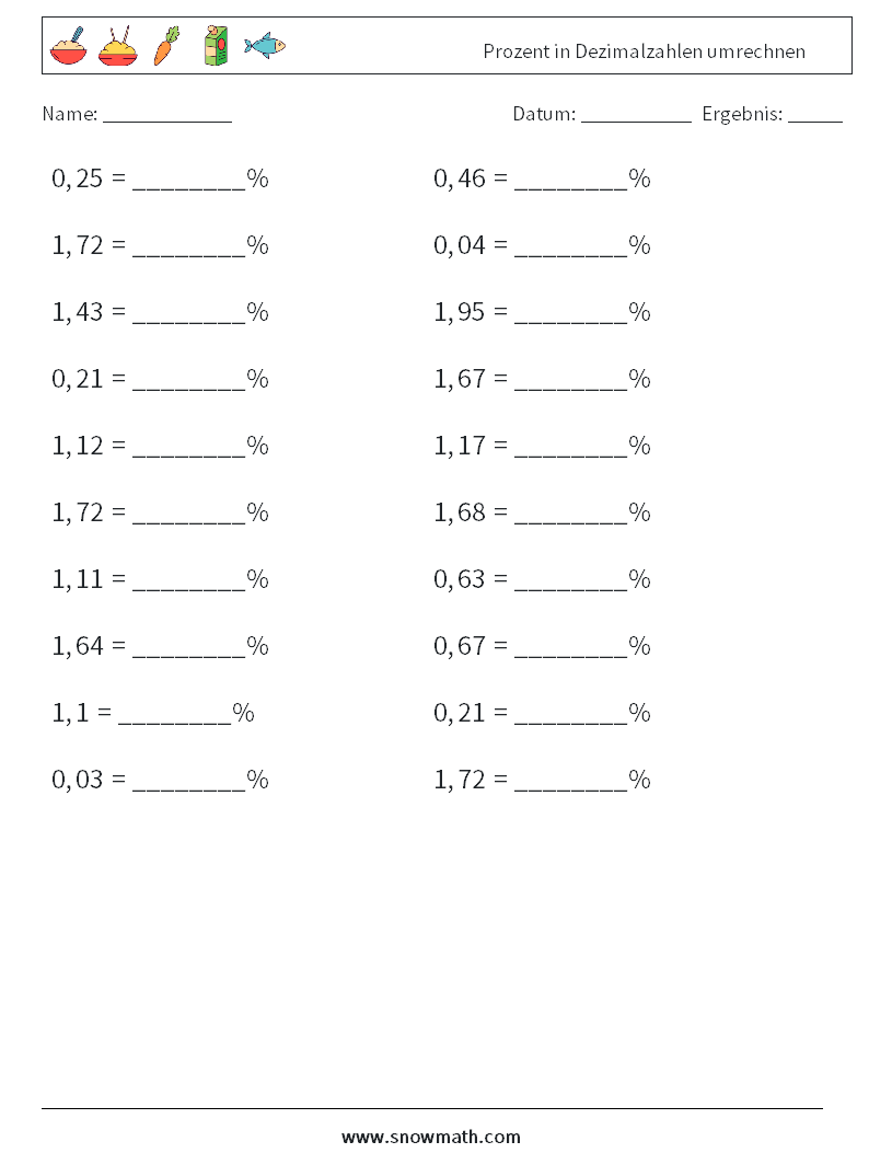 Prozent in Dezimalzahlen umrechnen Mathe-Arbeitsblätter 2