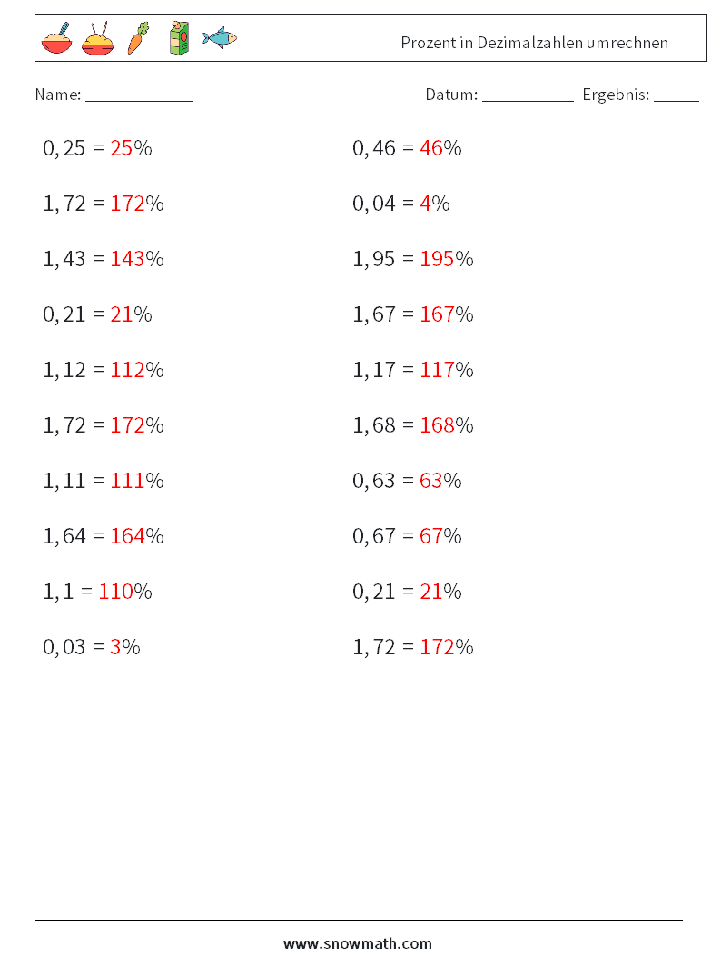 Prozent in Dezimalzahlen umrechnen Mathe-Arbeitsblätter 2 Frage, Antwort