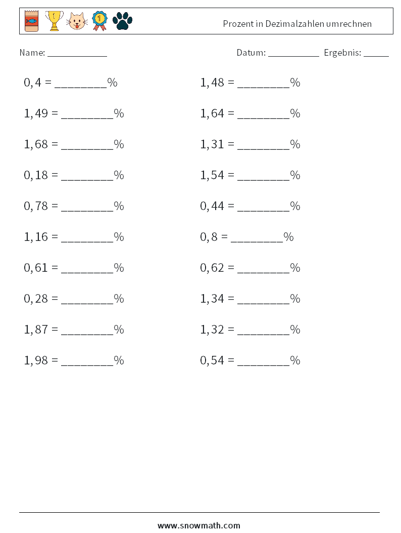 Prozent in Dezimalzahlen umrechnen Mathe-Arbeitsblätter 3