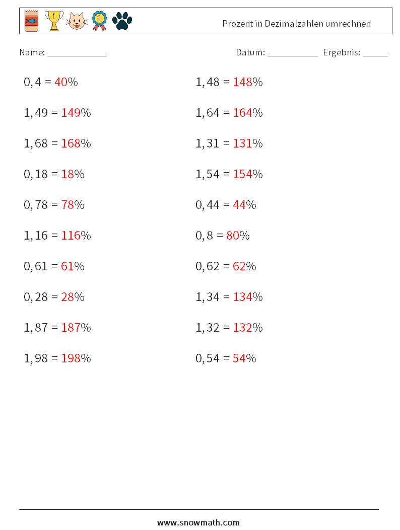 Prozent in Dezimalzahlen umrechnen Mathe-Arbeitsblätter 3 Frage, Antwort