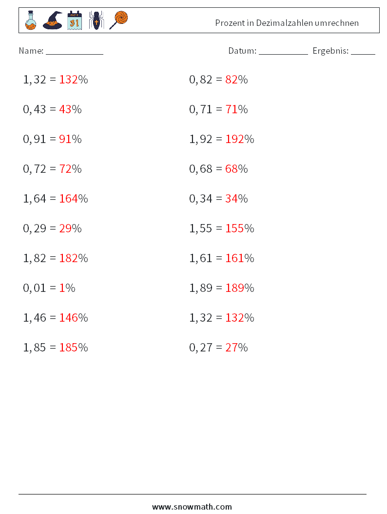 Prozent in Dezimalzahlen umrechnen Mathe-Arbeitsblätter 4 Frage, Antwort